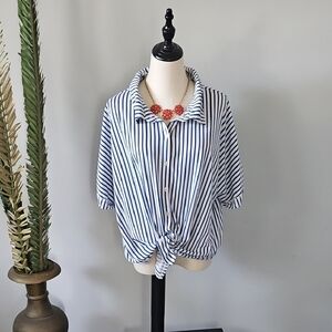 LuLaRoe Charlie Blue and White Striped Button Down Blouse